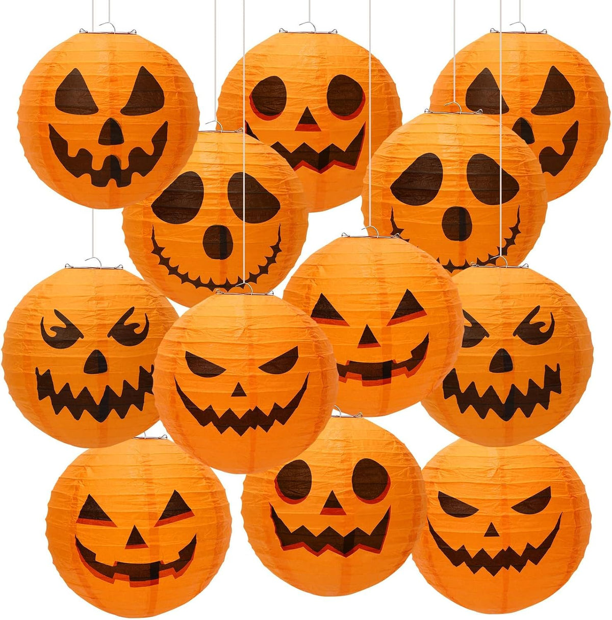 Orange Pumpkin Paper Lantern Set of 12 Halloween Party Decorations Hanging Decoration 20cm Diameter | Sansoti