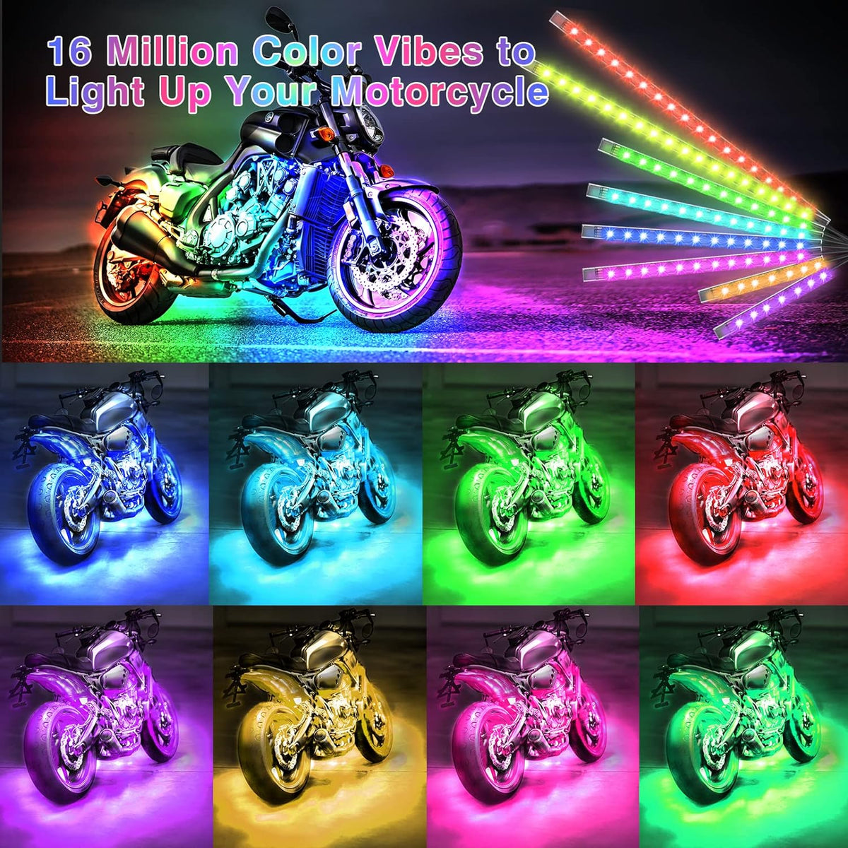 RGB-LED-Streifen-Set für Motorräder, 12-teilig, mit Brems- und Blinklicht, Bluetooth-App und stimmungsvoller Beleuchtung | Sansoti