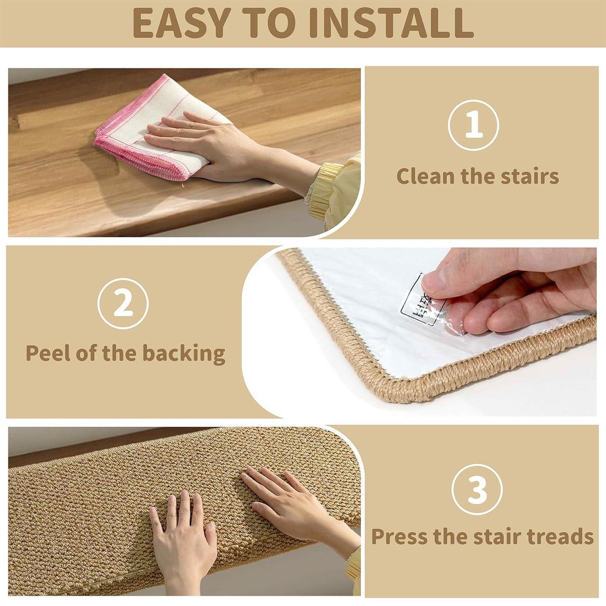 Trapmatten 14-delig met Neusrand Antislip Traptredens Beige 75x24cm Trapbescherming Vloermat Trapbekleden | Sansoti