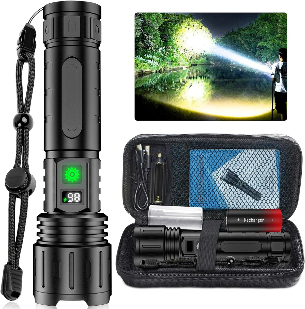 Linterna táctica LED recargable de 100000 lúmenes, impermeable IP65, con batería externa, zoom, SOS y alcance de 1000 m para exteriores | Sansoti