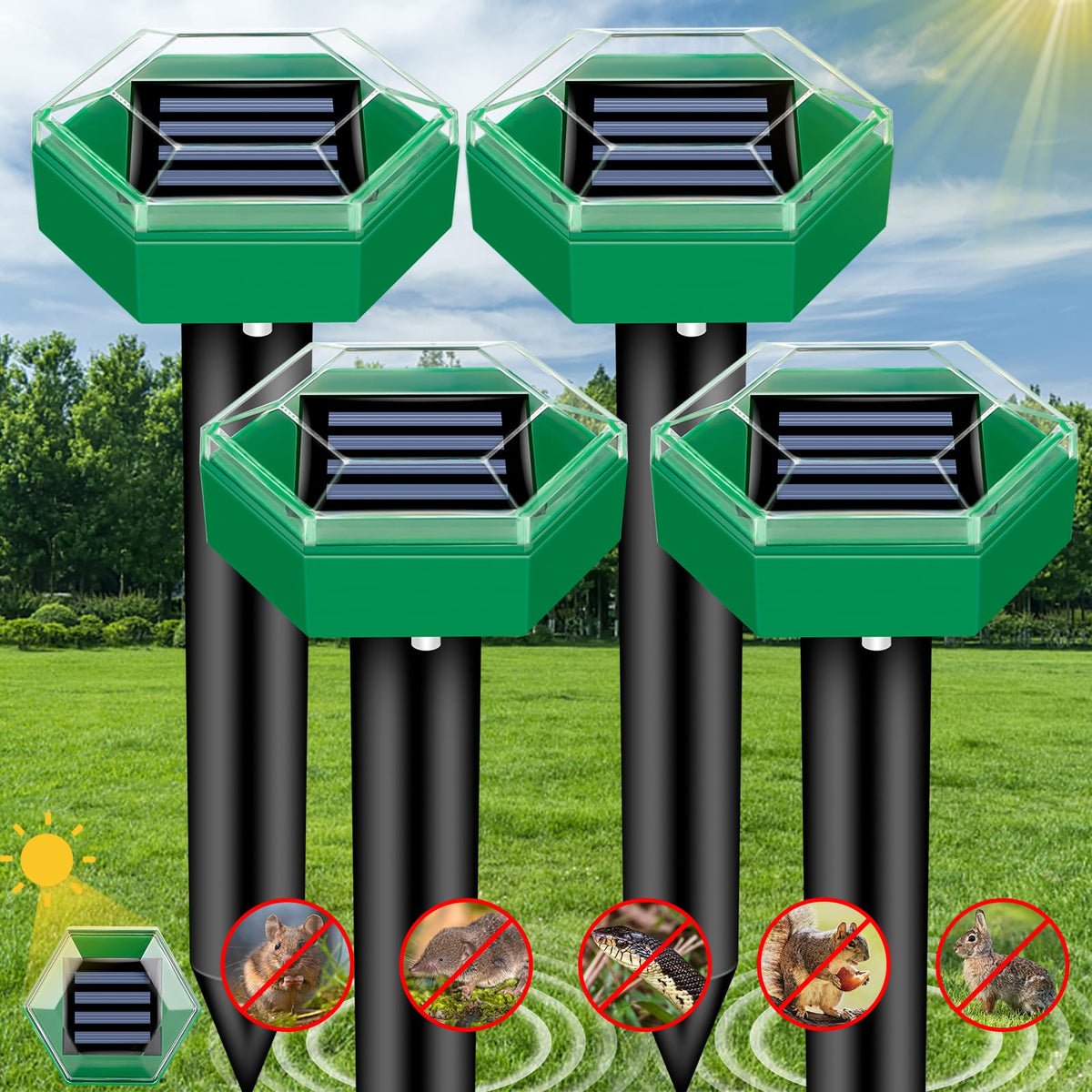 Ultrasonic Solar Mole Repeller Set of 4 for Garden and Lawn | Protects up to 465m² Each | Waterproof IP65 | Animal-friendly without Poison or Traps | Sansoti
