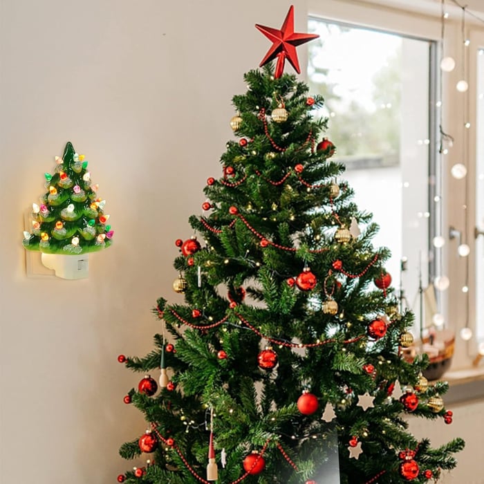Lampe de nuit sapin de Noël décorative éclairée blanc chaud LED Ambiance résine pour décoration de Noël chambre salon | Sansoti