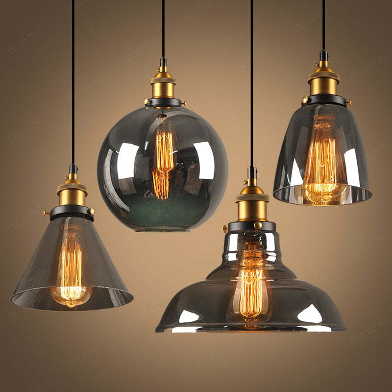 Industrielle Glas-Hängeleuchte Metall E27 Verstellbares Kabel Transparent Bernstein Rauchgrau Innenbeleuchtung | Sansoti