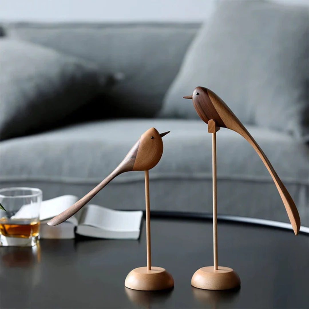 Set de 2 sculptures d’oiseaux en bois au design scandinave, objet décoratif en bois rouge pour le salon | Sansoti