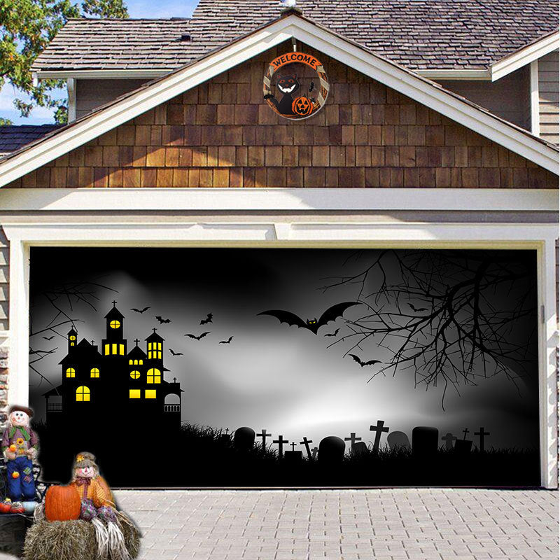 Halloween Garagentor Dekoration Gespenstischer Druck Schattenstoff Wiederverwendbar Horror Atmosphäre Stoff Wasserdicht Außen Partydekoration | Sansoti