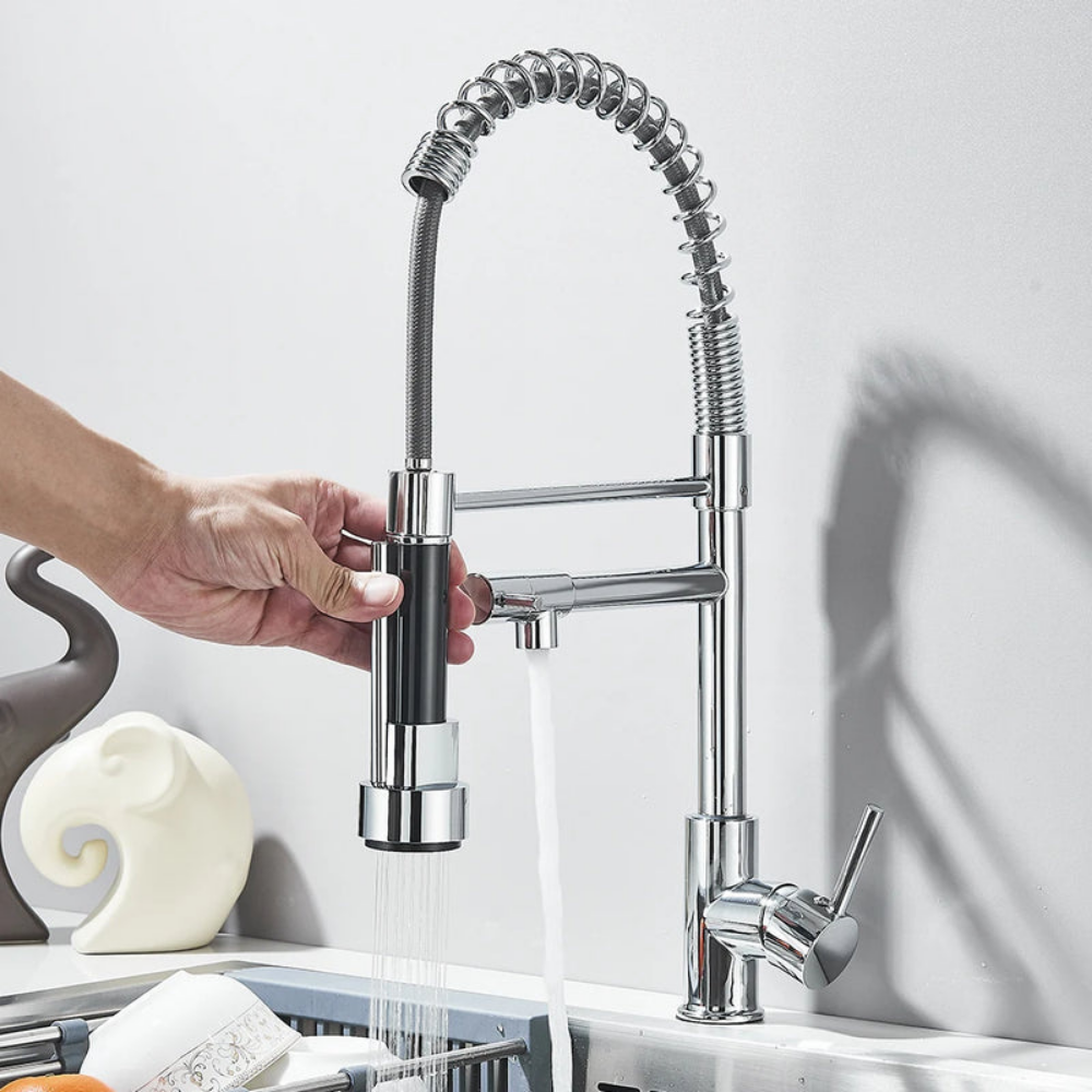 Pull-Out Kitchen Faucet Chrome Swiveling Spout Hot Cold Water Flexible Rinse Sprayer Kitchen Mixer Tap | Sansoti