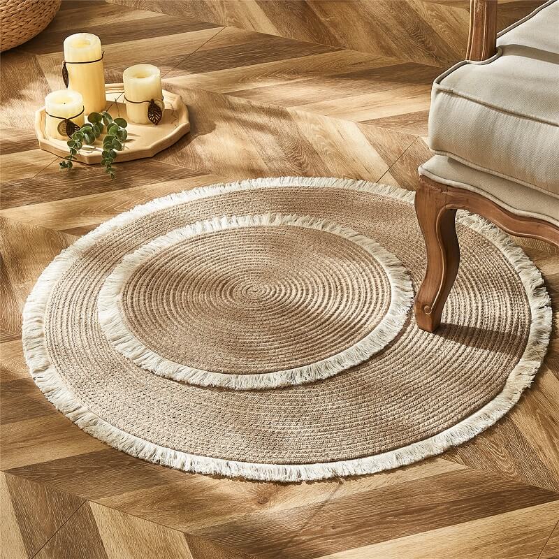 Geflochtener runder Juteteppich aus Naturfaser, wendbar, Beige und Schwarz, 45-120 cm, handgefertigt im Boho-Stil | Sansoti