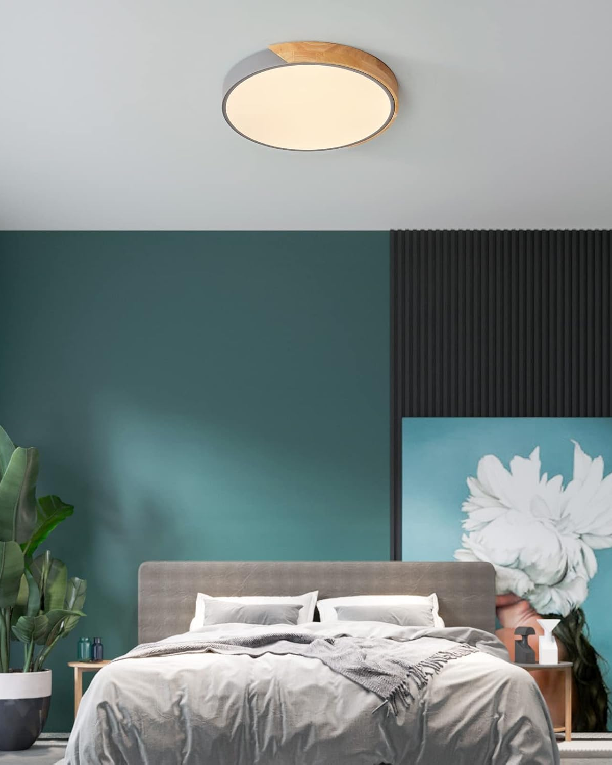 Moderne runde Deckenleuchte mit Holzakzent und LED-Beleuchtung – minimalistische Designlampe in 23, 30, 40, 50 und 60 cm | Sansoti