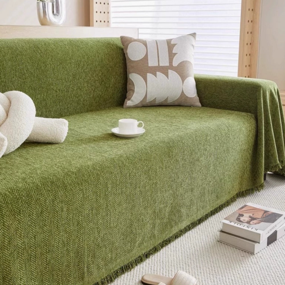 Chenille-Sofabezug mit Quasten – stilvoller Schutz für Sofa und Sessel – waschbar & wasserdicht | Sansoti