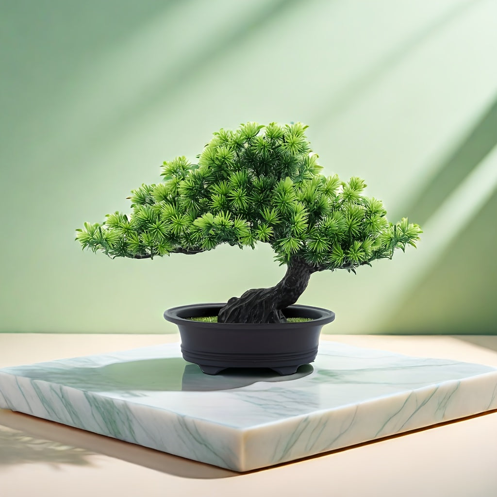 Kunstbonsai 24 cm met Zwarte Pot Realistische Dennennaalden Decoratief Groen voor Vensterbank Bureau Woonkamer | Sansoti