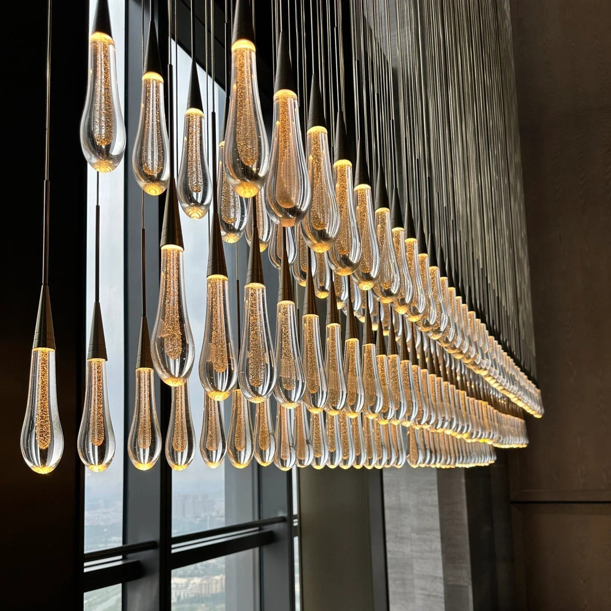 Linear LED Chandelier, Dimmable, Adjustable, Glass Pendant Light, 6 Sizes, Brass, Bronze, Nickel, Dining Room and Living Room | Sansoti