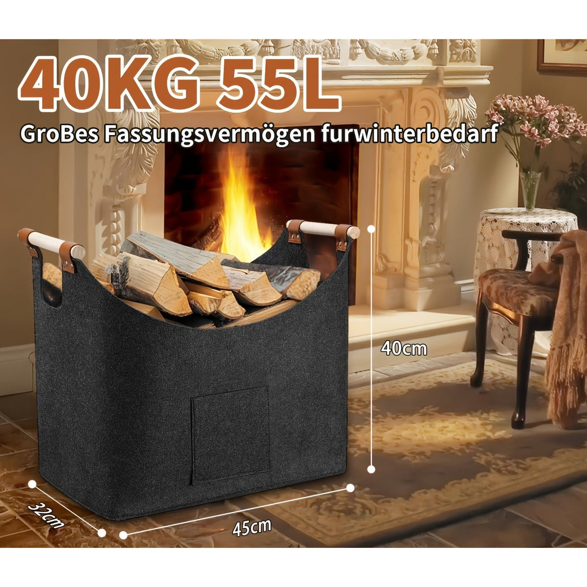 Opbergmand Vilt 55L Houtmand voor Haard Houtkachel Open Haard Draagbaar Opvouwbaar Interieur Woonkamer | Sansoti
