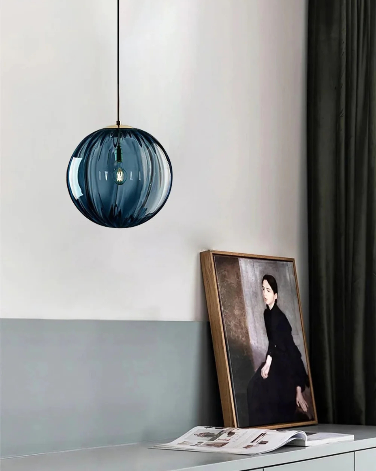 Suspension boule en verre soufflé à la main avec câble réglable gris, bleu, brun, rouge, vert, ambre 15x22cm 20x25cm lumière d'ambiance salle à manger salon chambre design moderne éclairage | Sansoti