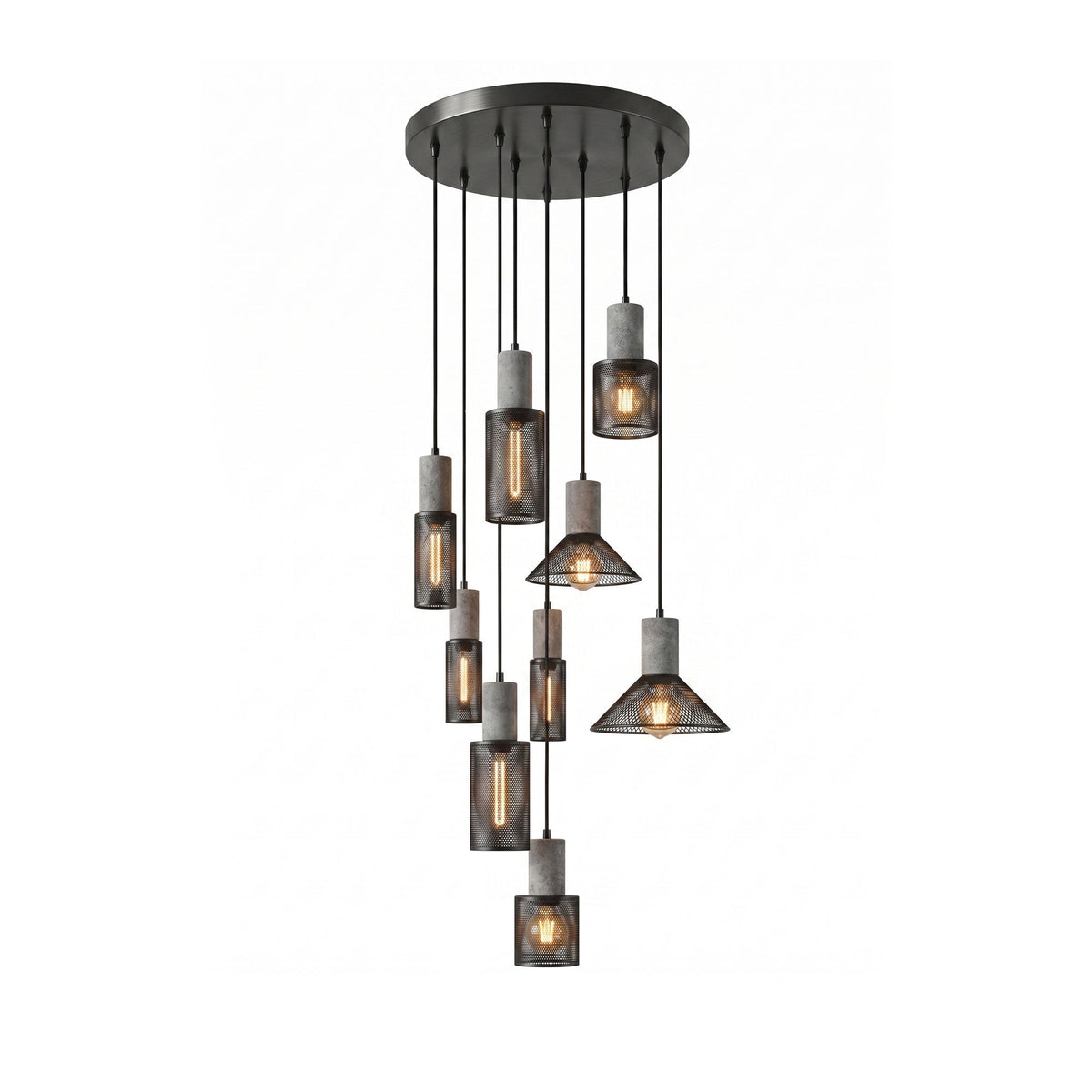 Industriële Hanglamp met Cement & Zwart Mesh — 6 Vormen | Sansoti