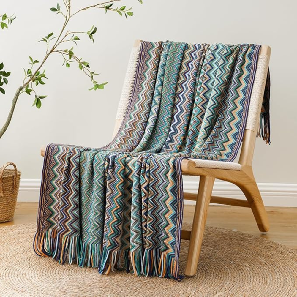Gebreide Plaid met Zigzag Franjes – Zachte Gehaakte Deken voor Bank en Bed Alle Seizoenen Bohemian Stijl | Sansoti