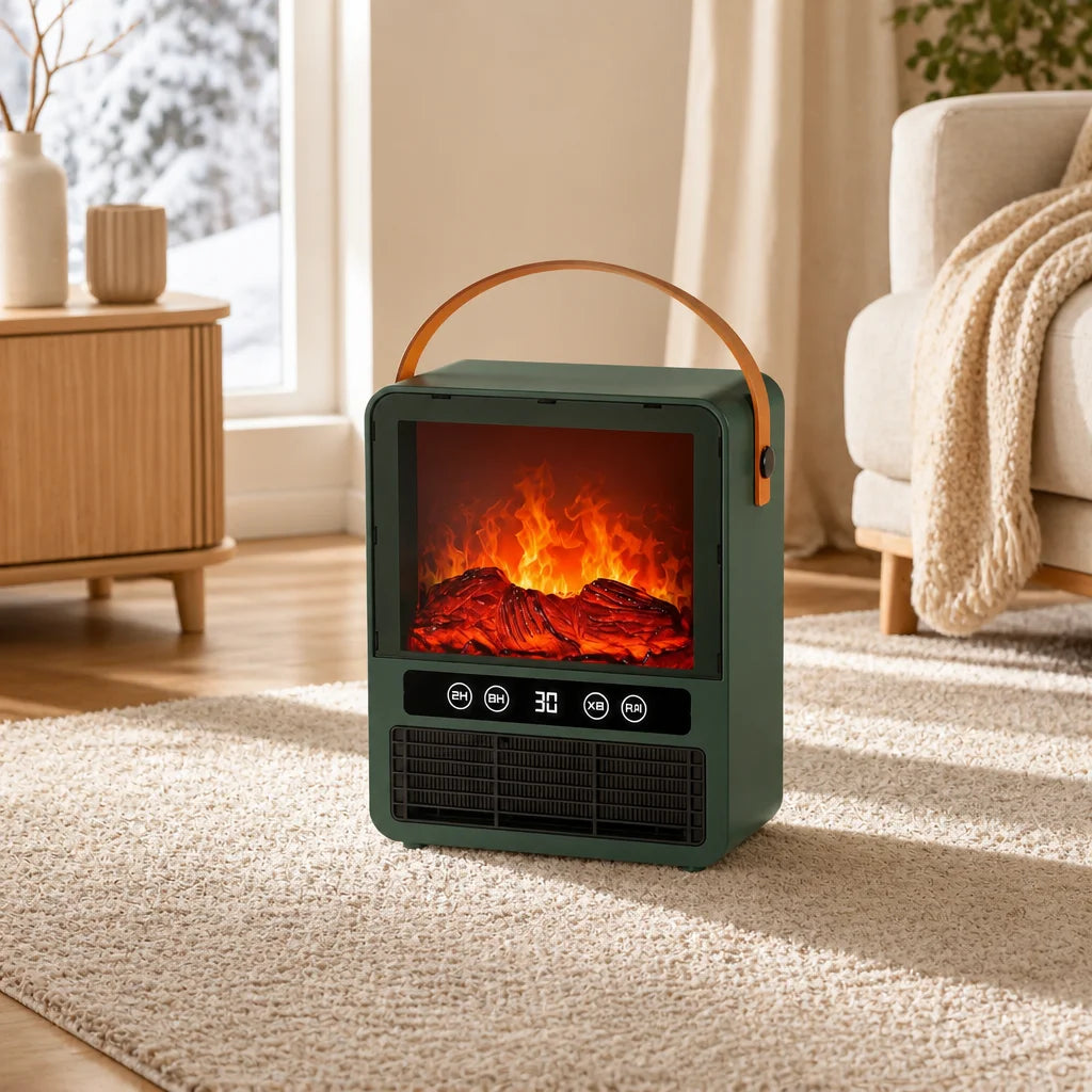 Estufa cerámica compacta con efecto de llama 3D, sonido, protección antivuelco, control por voz y calefacción USB para dormitorio | Sansoti