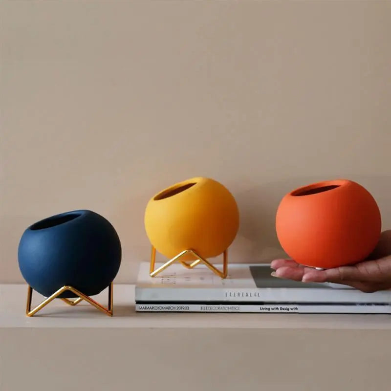 Decorative plant pot ceramic with metal stand blue living room table plant holder vase interior | Sansoti