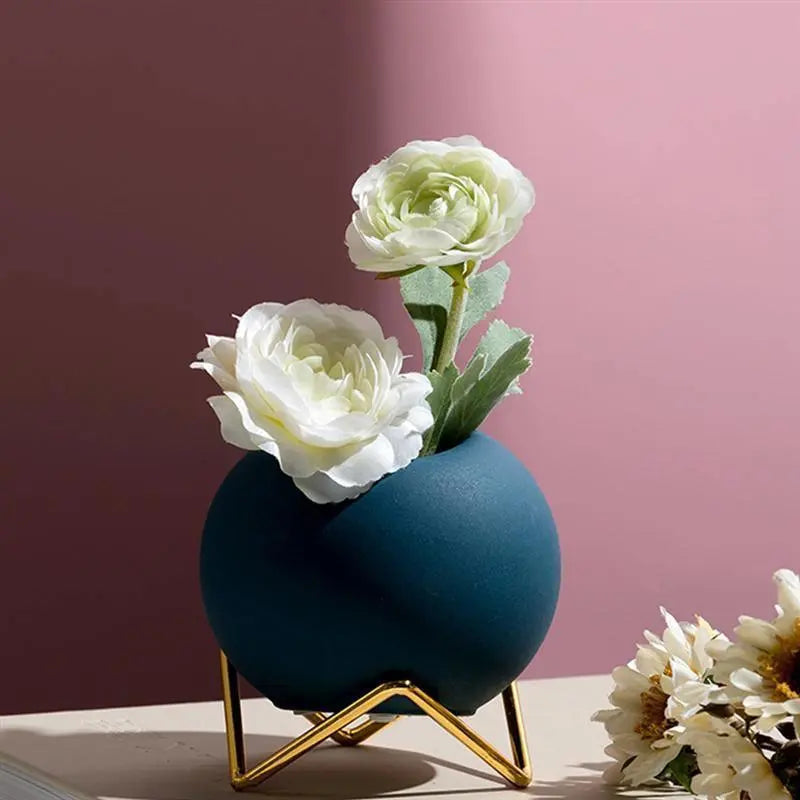 Decorative plant pot ceramic with metal stand blue living room table plant holder vase interior | Sansoti