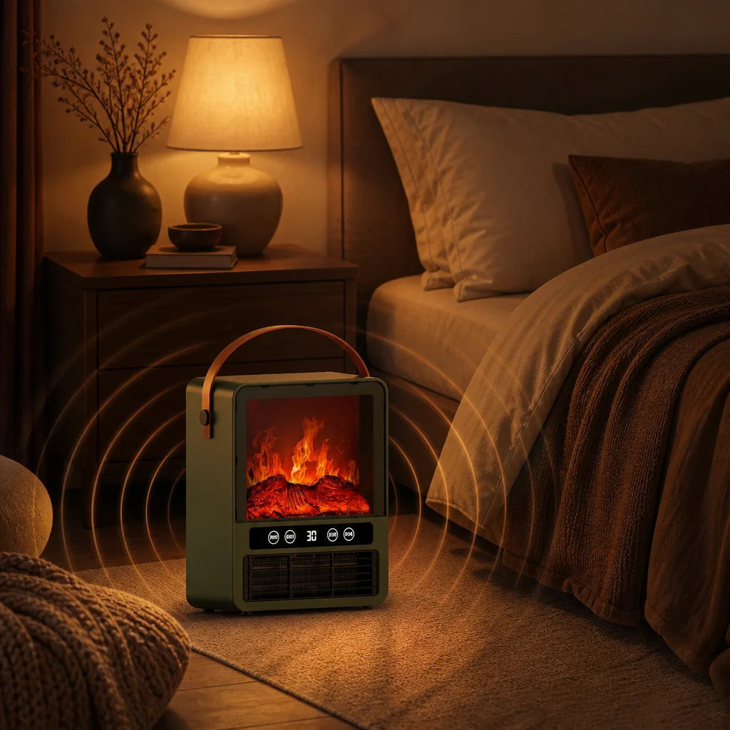 Estufa cerámica compacta con efecto de llama 3D, sonido, protección antivuelco, control por voz y calefacción USB para dormitorio | Sansoti