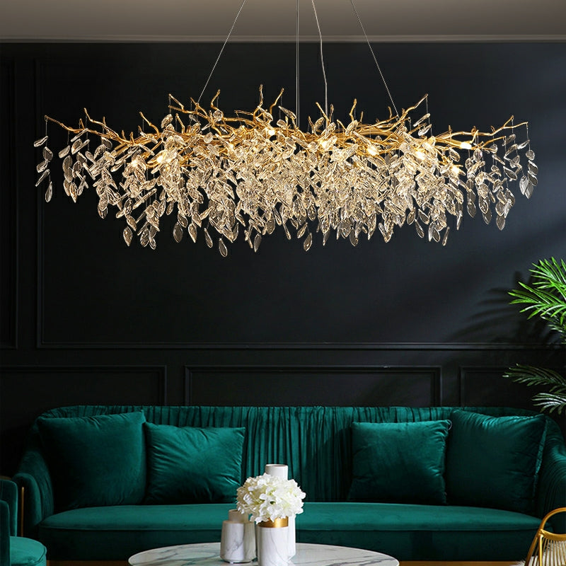 Crystal Branch Chandelier Aluminum Round Rectangular LED Lighting Dining Room Living Room Pendant Ceiling Light | Sansoti