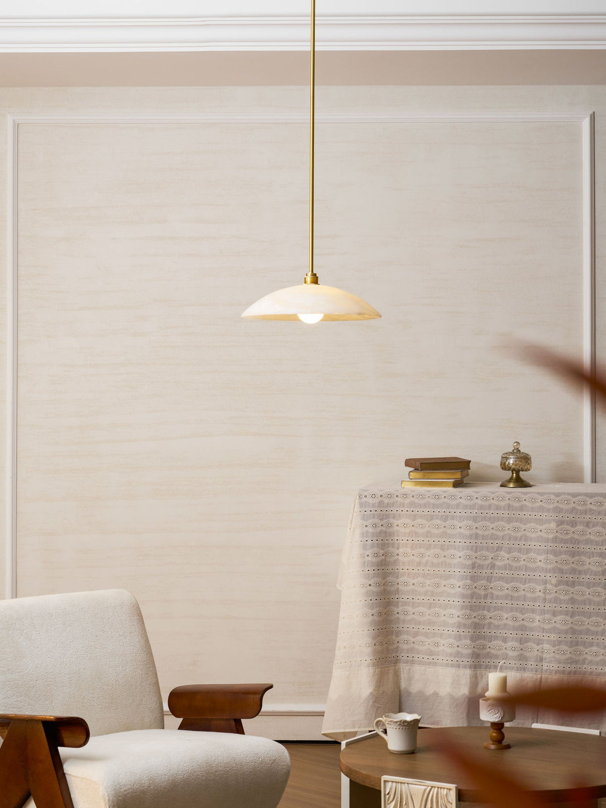 Koepelvormige Hanglamp Albast met Koperen Fitting – Ø30cm & Ø40cm – Natuursteen – Warme Uitstraling Eetkamer Keuken Woonkamer | Sansoti