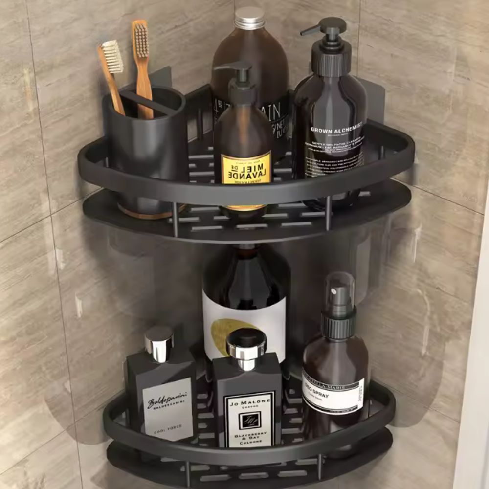 Corner Shower Rack Without Drilling – Aluminum Bathroom Shower Rack with Drain & Rust-Resistant Coating | Sansoti