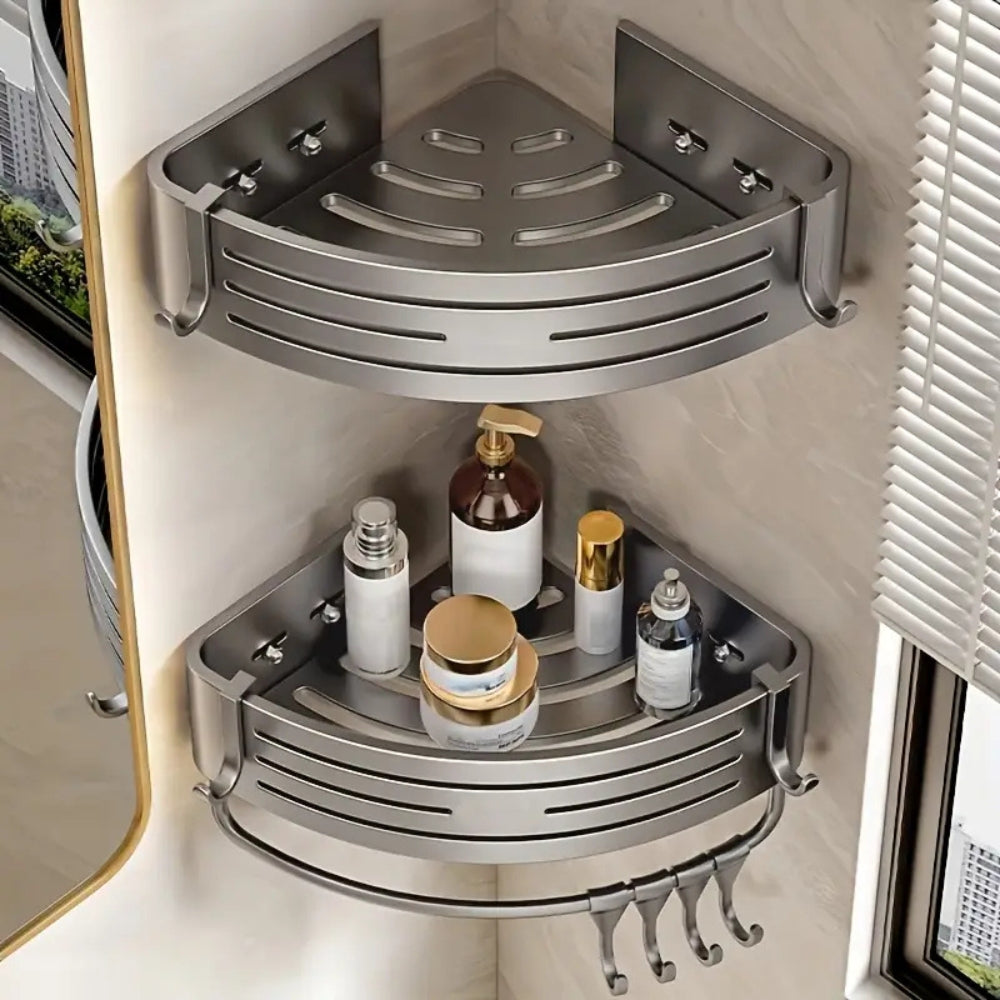 Corner Shower Organizer Aluminum Self-Adhesive No Drilling Bathroom Rack Stainless Kitchen Storage System Wall Rack | Sansoti