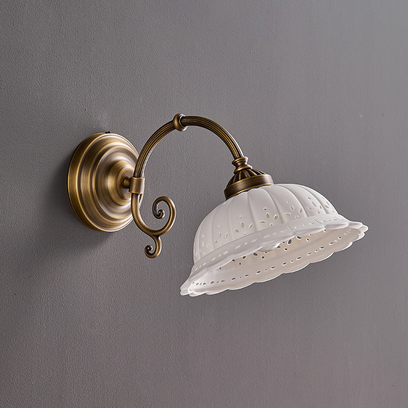 Ceramic Wall Lamp with Brass Armature | Vintage Victorian Style | Antique Brass Finish & Openwork Shade | Sansoti