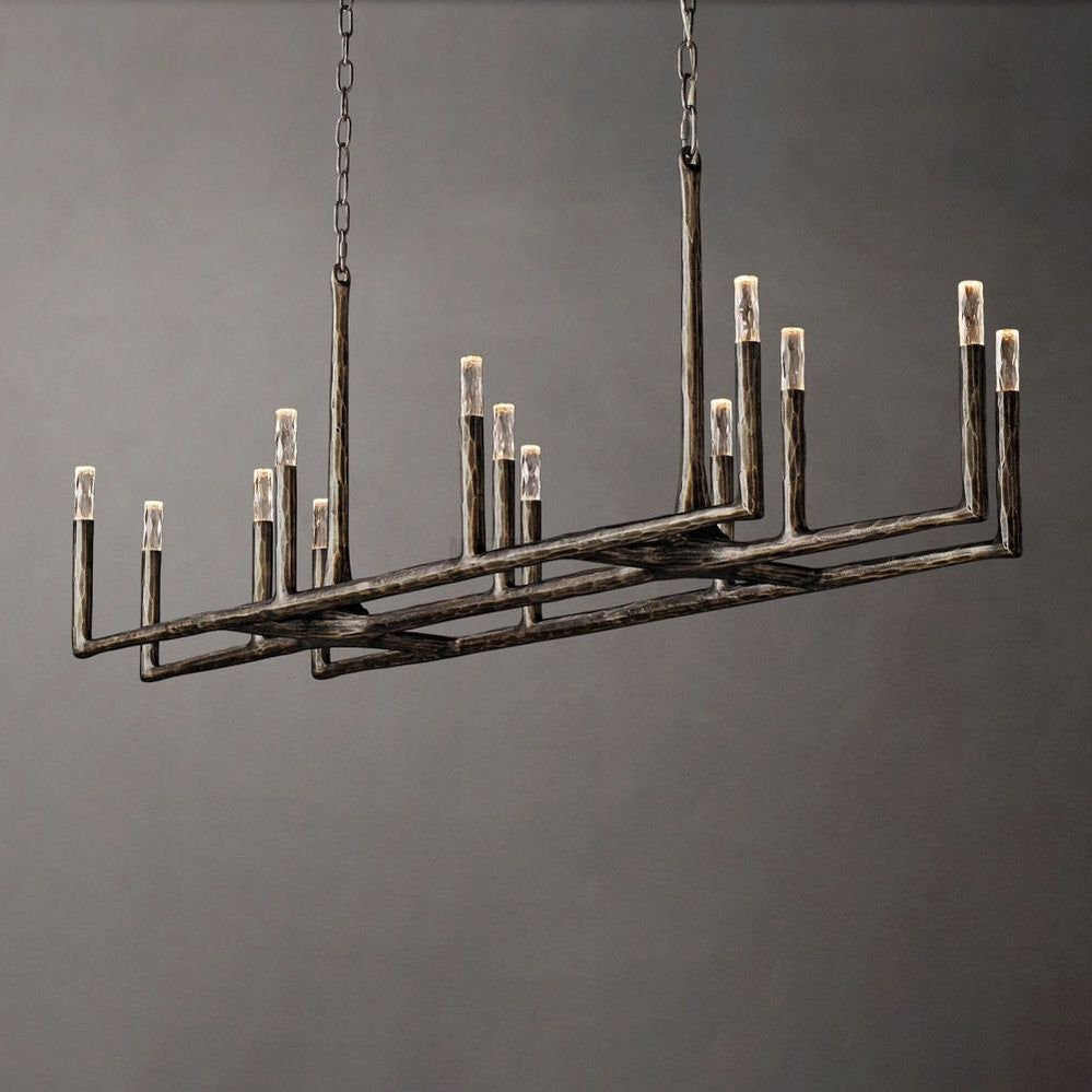 Linear Chandelier Forged Metal Glass 137cm 183cm 244cm Brass Bronze Pewter Dining Area Foyer Living Room | Sansoti