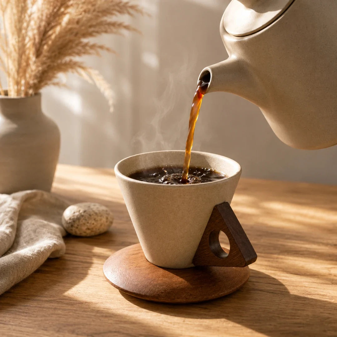 Keramik-Kaffeefilter mit Griff aus Akazienholz Pour-over-Dripper für die langsame manuelle Kaffeezubereitung 250 ml | Sansoti