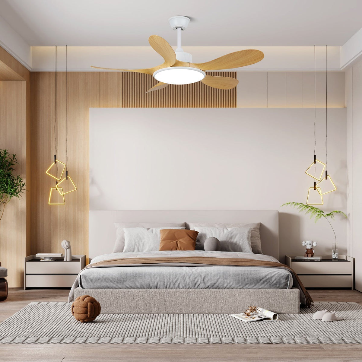Ceiling Fan with LED Lighting and Remote Control | Scandinavian Design with Wood Grain Finish | Sansoti