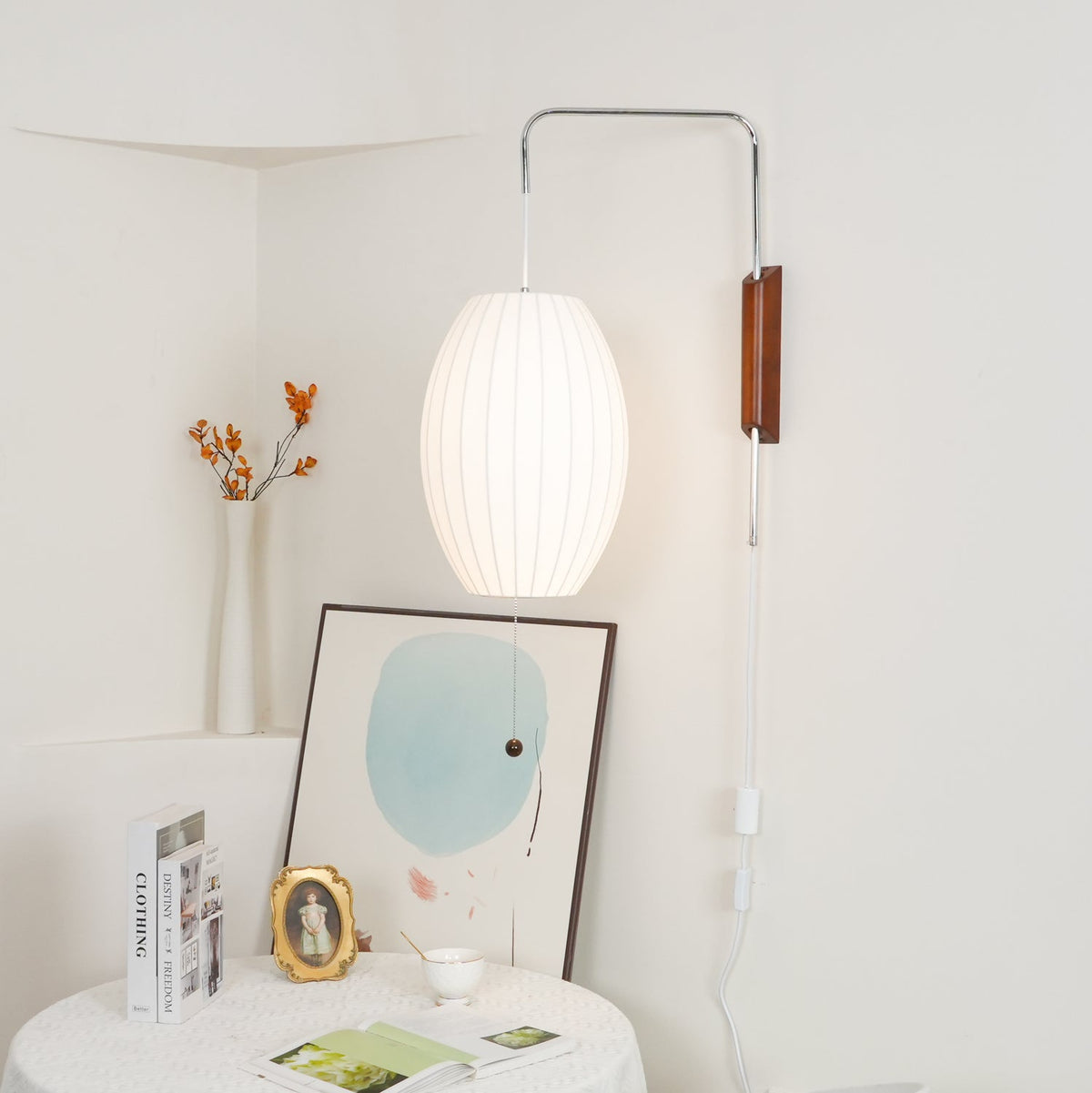 Wandlamp Zijden Kap Walnoot Metaal Wit Woonkamer Slaapkamer | Sansoti