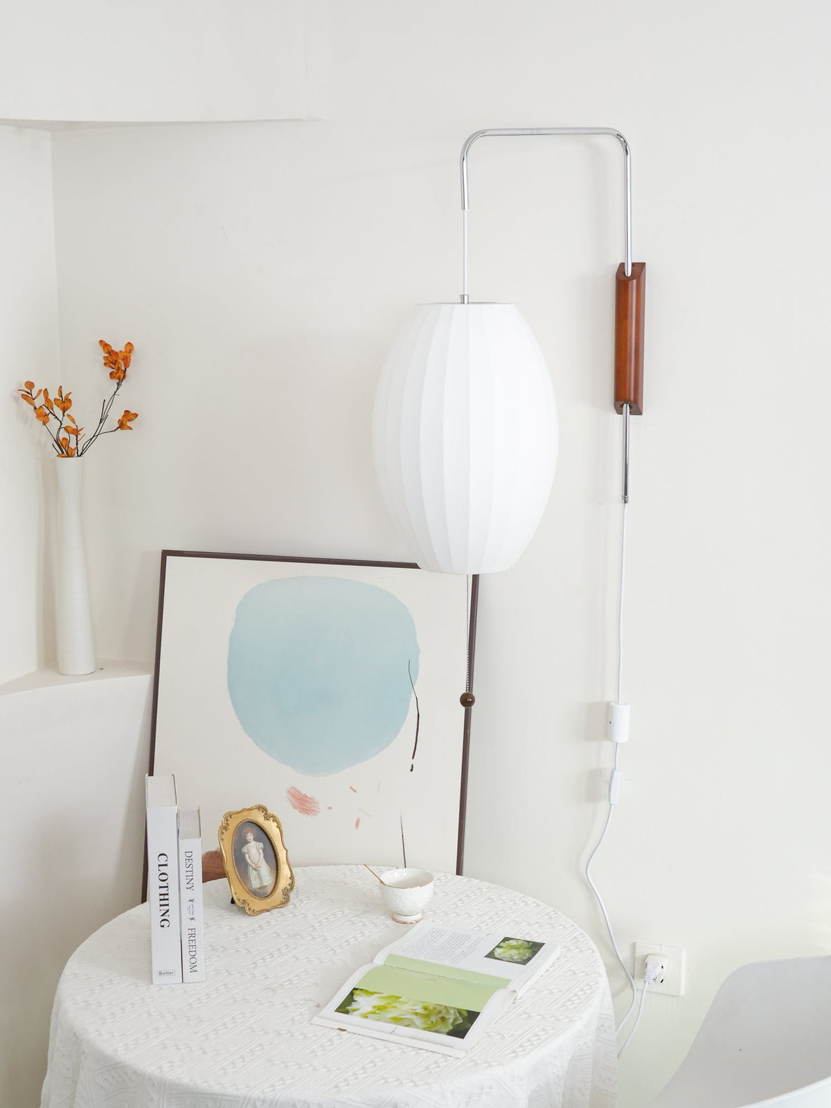 Wandlamp Zijden Kap Walnoot Metaal Wit Woonkamer Slaapkamer | Sansoti