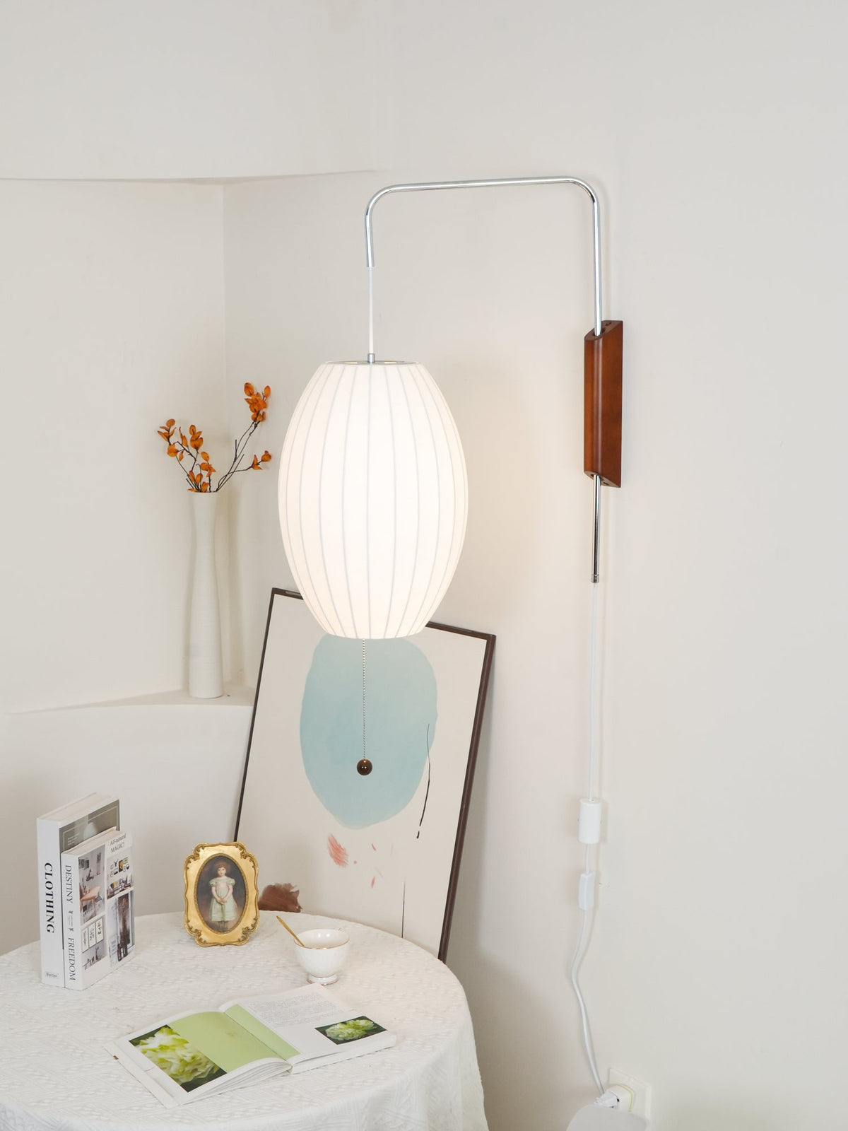 Wandlamp Zijden Kap Walnoot Metaal Wit Woonkamer Slaapkamer | Sansoti