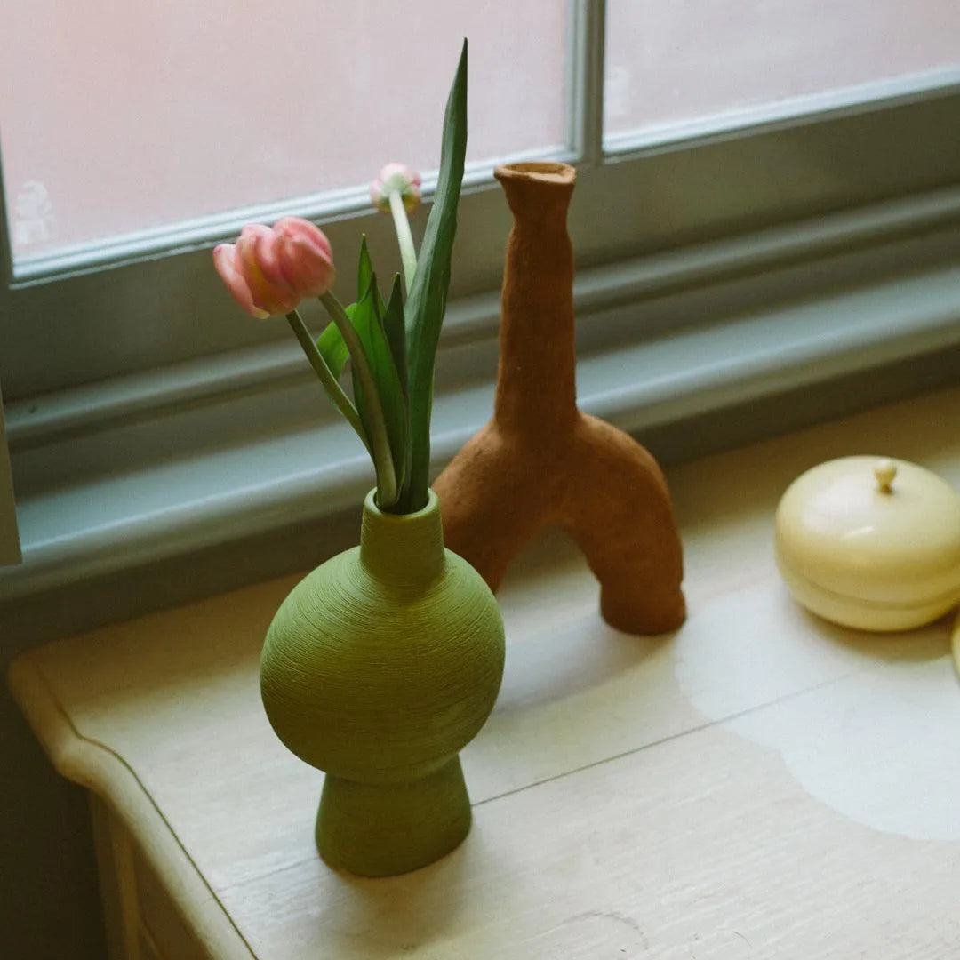 Vase Ceramic Organic Green Emerald Matcha Olive Sculpture Living Room Flower Vase | Sansoti
