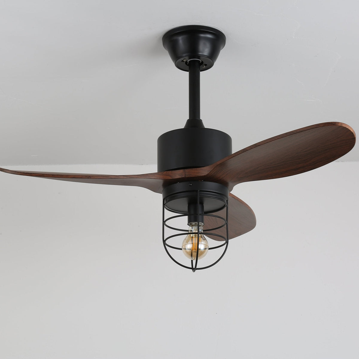 Industrial Ceiling Fan with Lighting Ø91cm – Metal Frame – Glass Shade – 6 Speeds – Remote Control – AC 110-240V – Walnut & Black | Sansoti