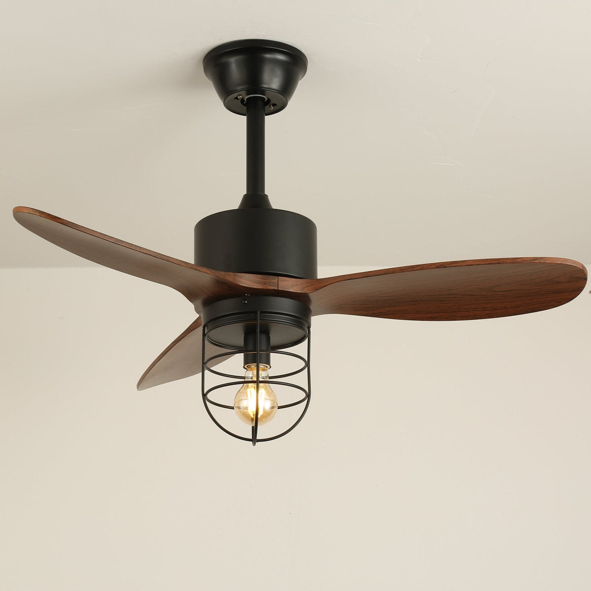 Industrial Ceiling Fan with Lighting Ø91cm – Metal Frame – Glass Shade – 6 Speeds – Remote Control – AC 110-240V – Walnut & Black | Sansoti
