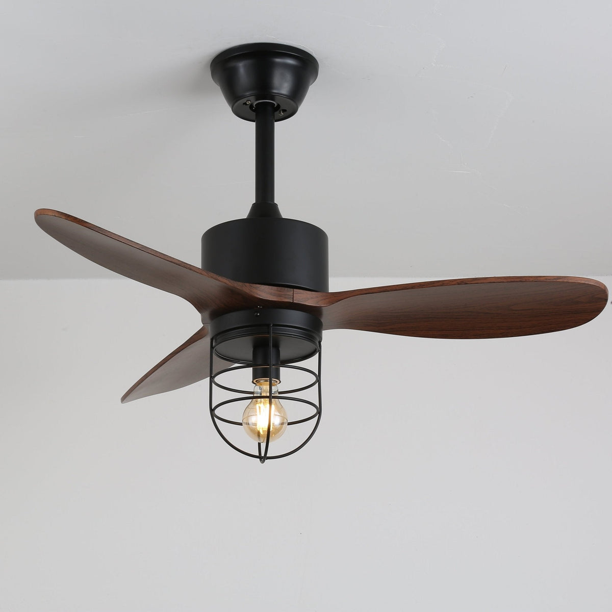 Industrial Ceiling Fan with Lighting Ø91cm – Metal Frame – Glass Shade – 6 Speeds – Remote Control – AC 110-240V – Walnut & Black | Sansoti