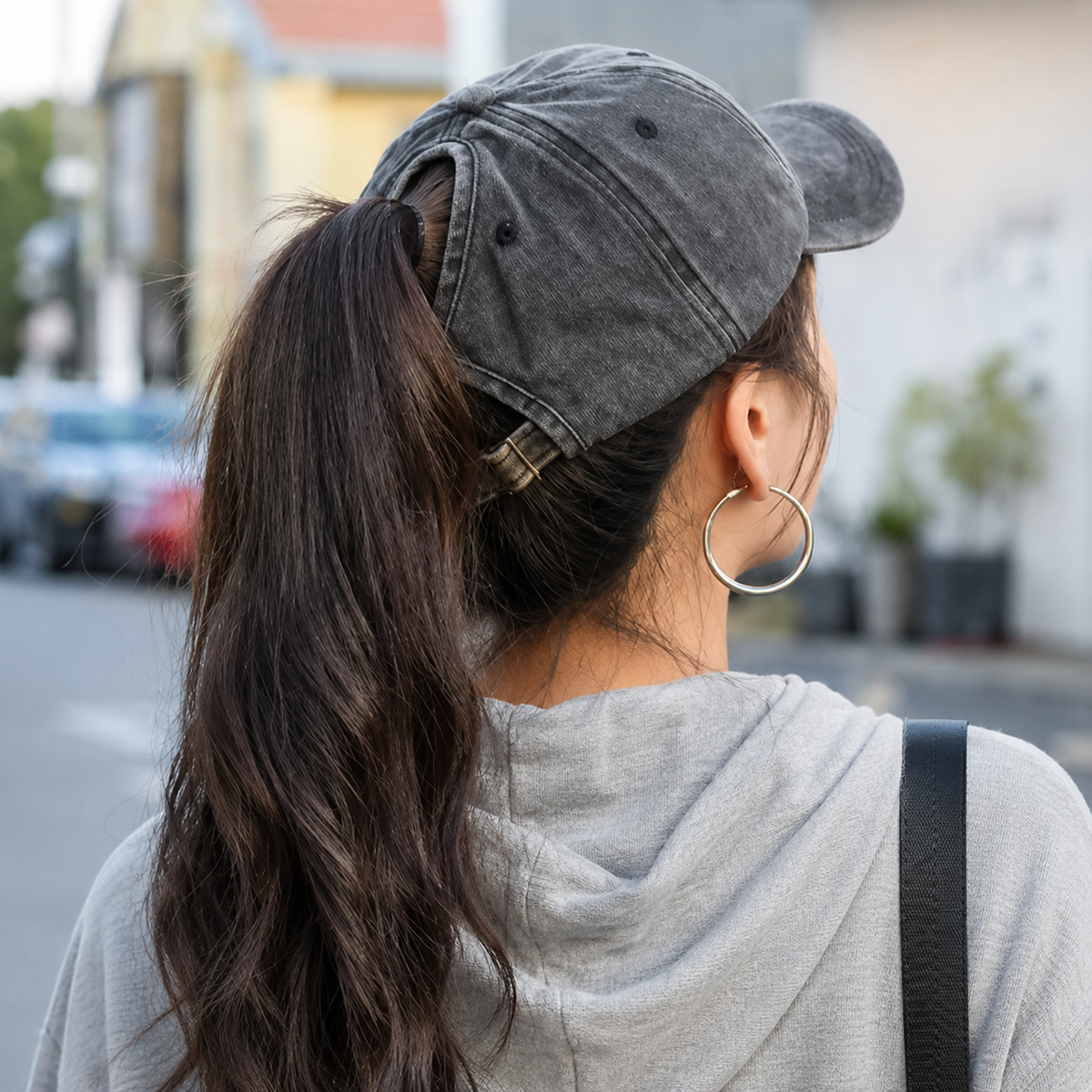 Cotton Cap with Ponytail Opening Adjustable Vintage Baseball Cap Washed Look Sporty Women's | Sansoti