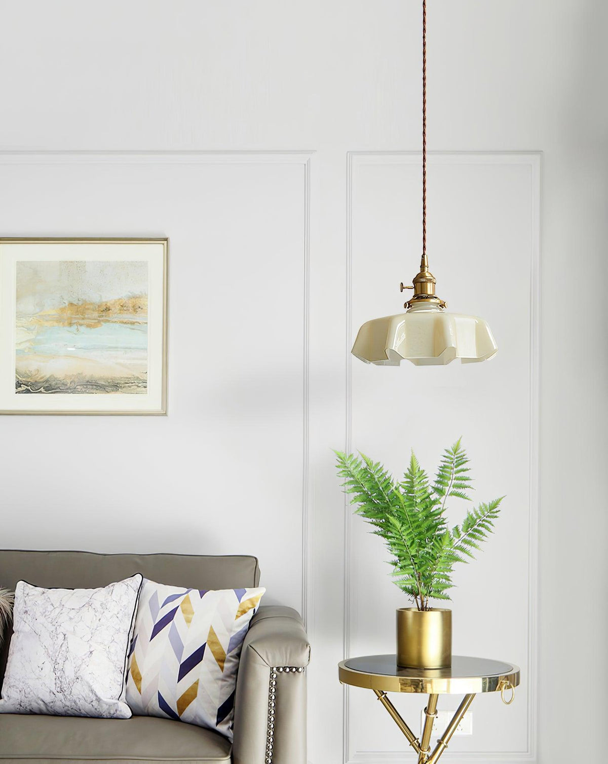 Geplooide Glazen Hanglamp met Messing Armatuur — Vintage Franse Stijl in Wit, Beige, Roze of Blauw — Verstelbare Kabel 150 cm | Sansoti