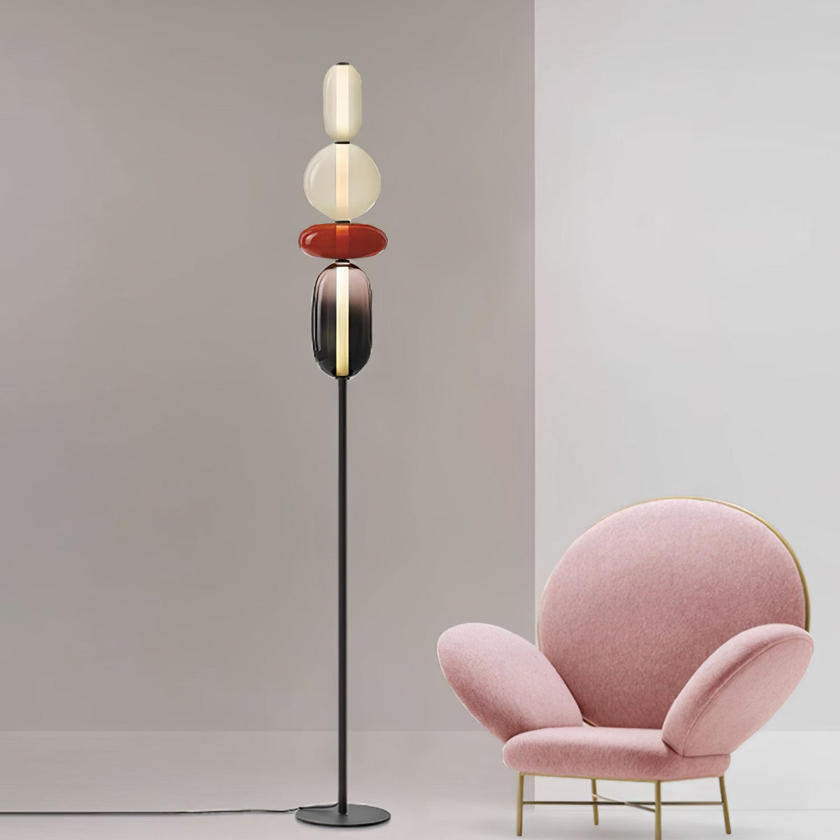 Glass Floor Lamp with Hand-Blown Shade Black Stand Modern Design Living Room Lighting | Sansoti