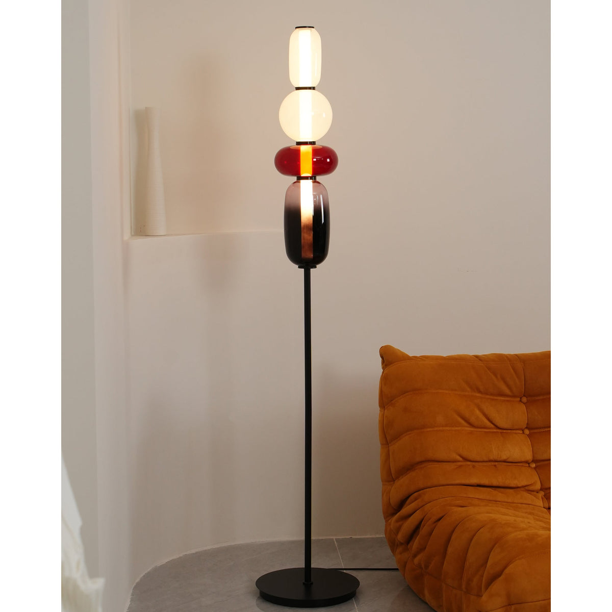 Glass Floor Lamp with Hand-Blown Shade Black Stand Modern Design Living Room Lighting | Sansoti