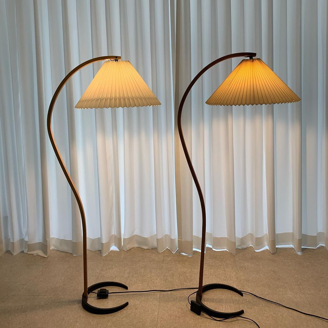 Bogen Stehlampe Buchenholz Leinen Schirm Retro Wohnzimmer | Sansoti