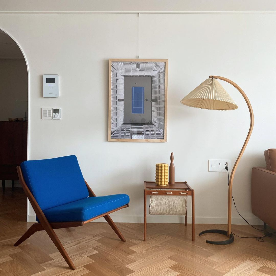 Bogen Stehlampe Buchenholz Leinen Schirm Retro Wohnzimmer | Sansoti