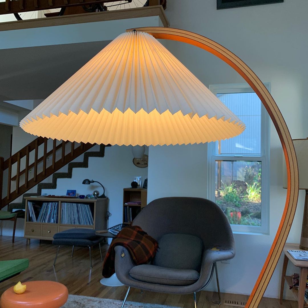 Bogen Stehlampe Buchenholz Leinen Schirm Retro Wohnzimmer | Sansoti