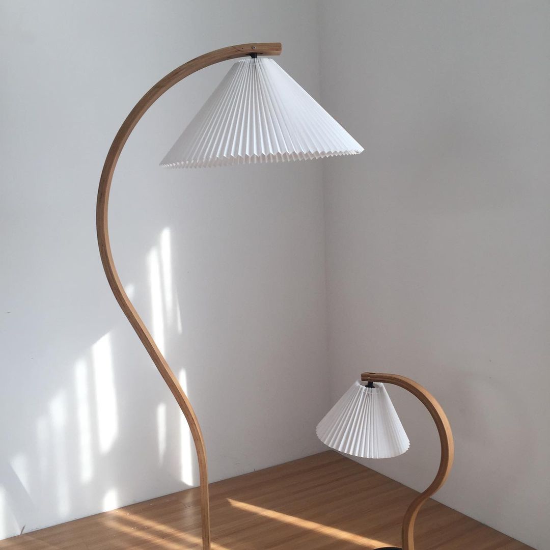 Bogen Stehlampe Buchenholz Leinen Schirm Retro Wohnzimmer | Sansoti