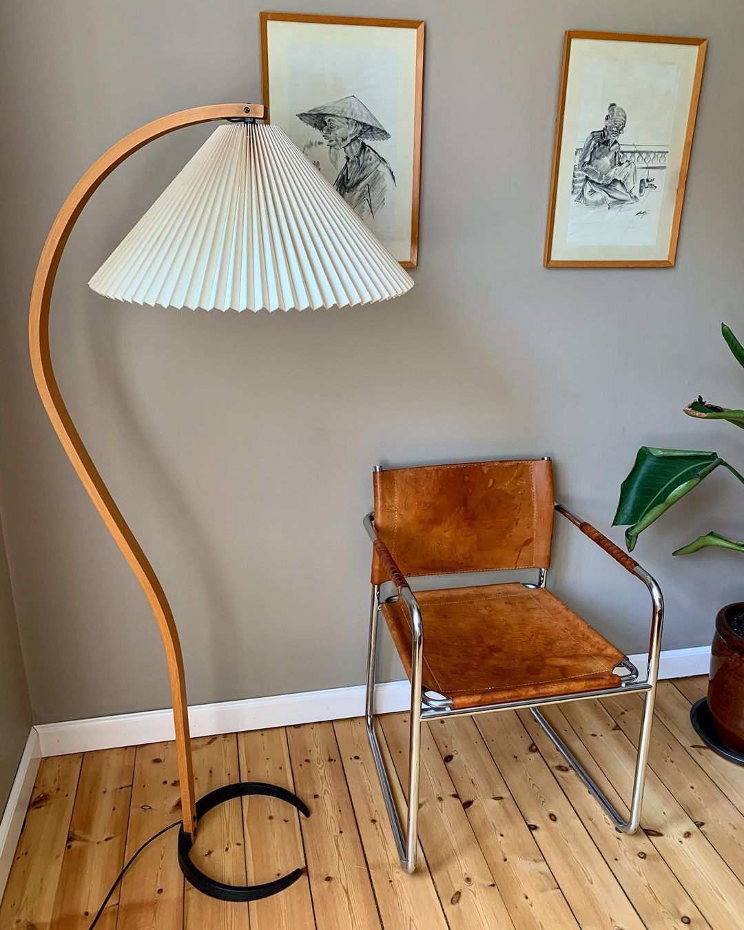 Bogen Stehlampe Buchenholz Leinen Schirm Retro Wohnzimmer | Sansoti