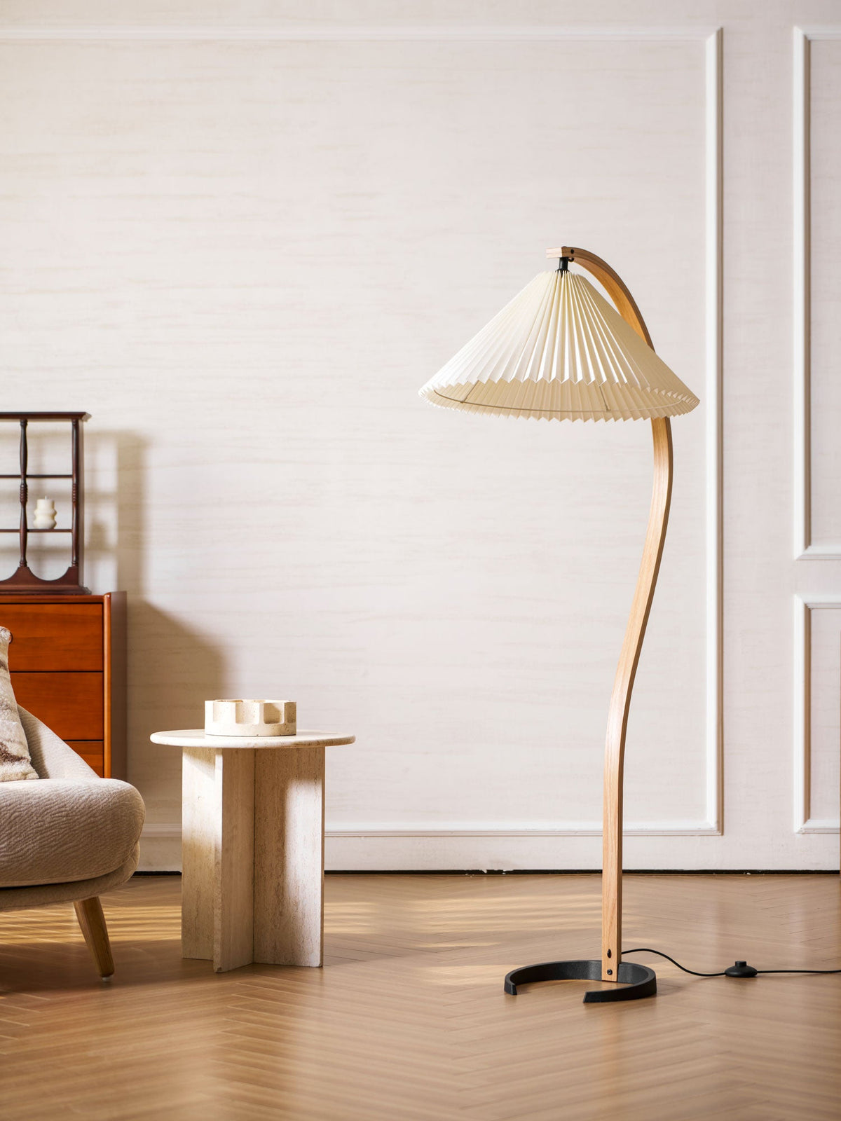 Bogen Stehlampe Buchenholz Leinen Schirm Retro Wohnzimmer | Sansoti