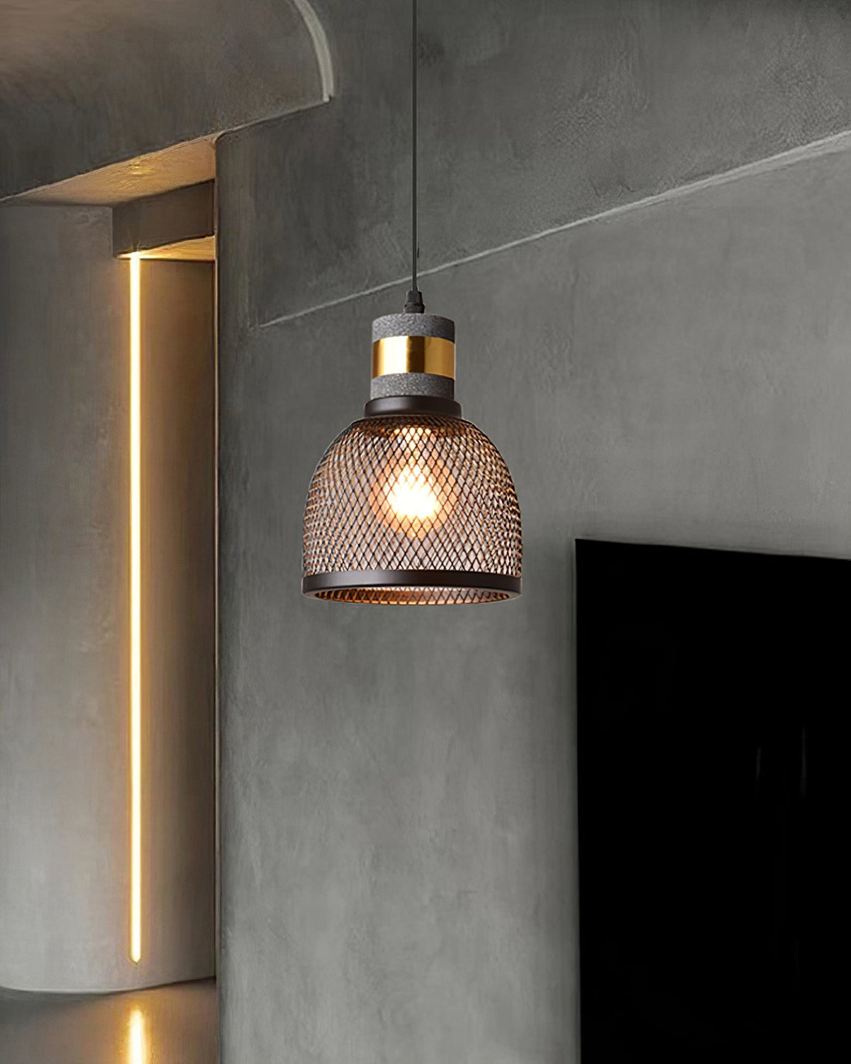 Industriële Hanglamp met Cement & Zwart Mesh — 6 Vormen | Sansoti