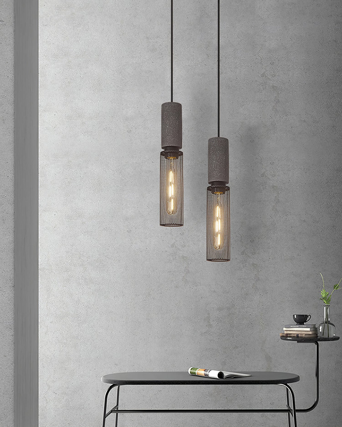 Industriële Hanglamp met Cement & Zwart Mesh — 6 Vormen | Sansoti